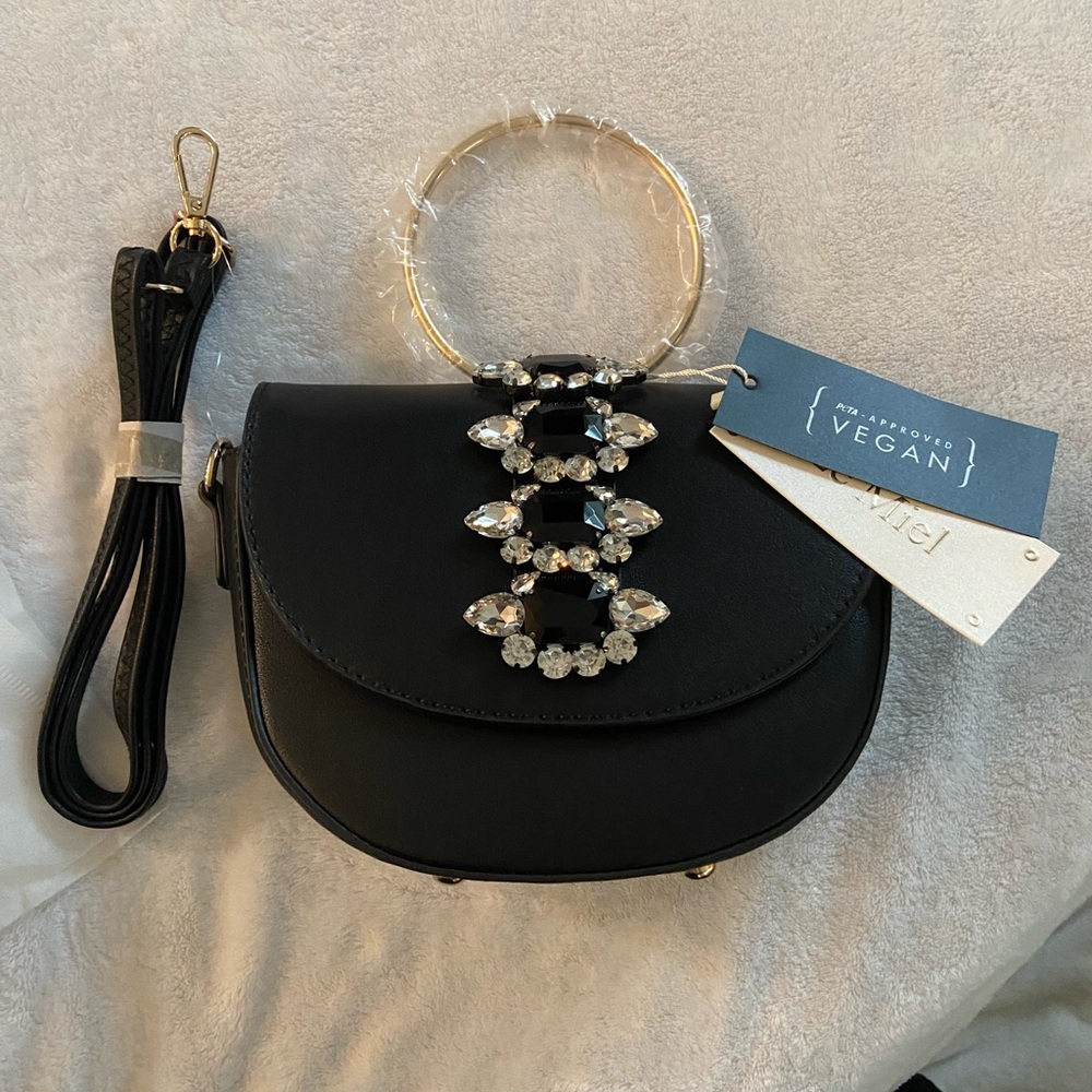 Chic Black Vegan Leather Bag with Gold Accents